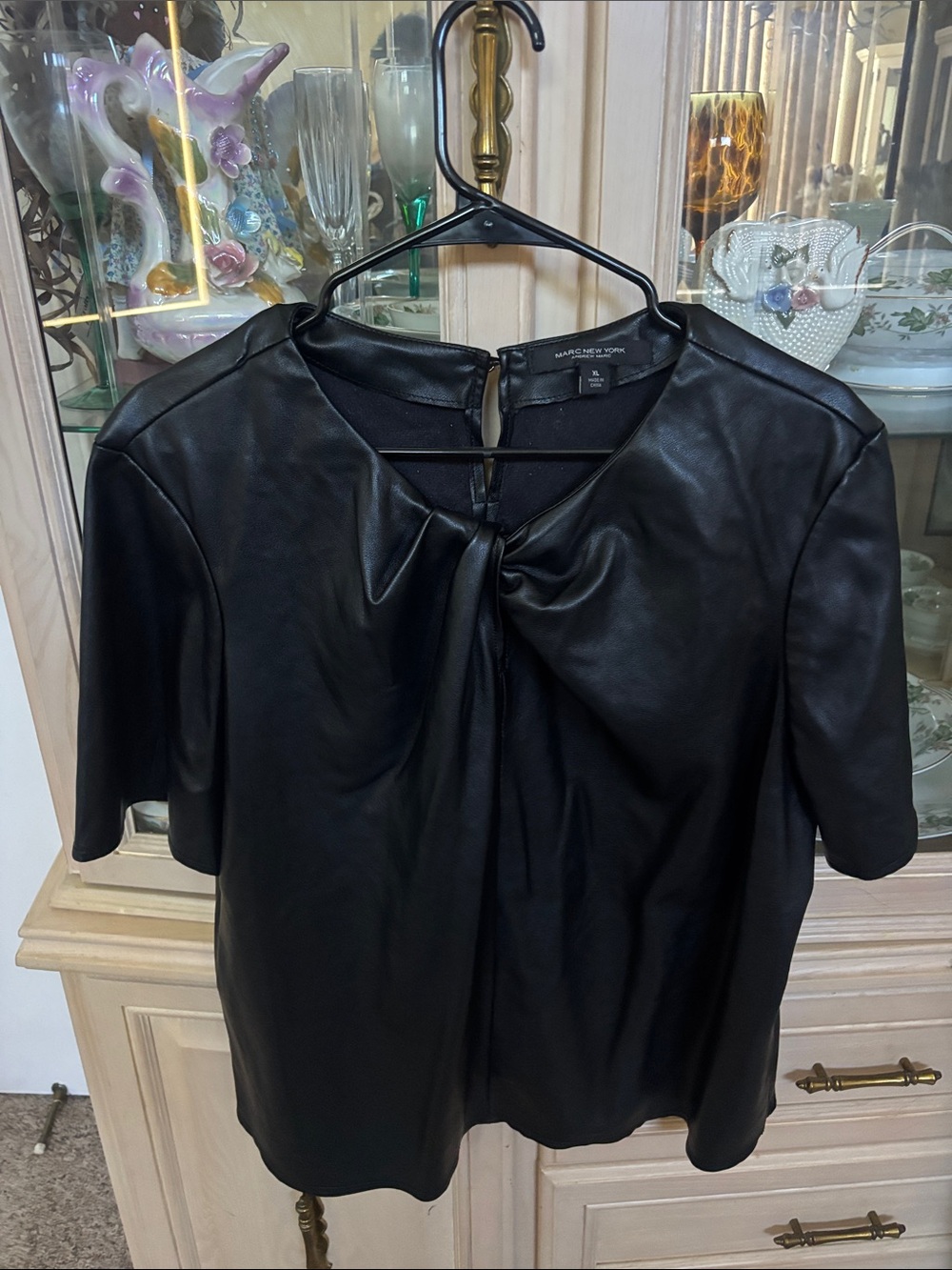 Marc New York Black Faux Leather Short-Sleeve Tie-Front Blouse